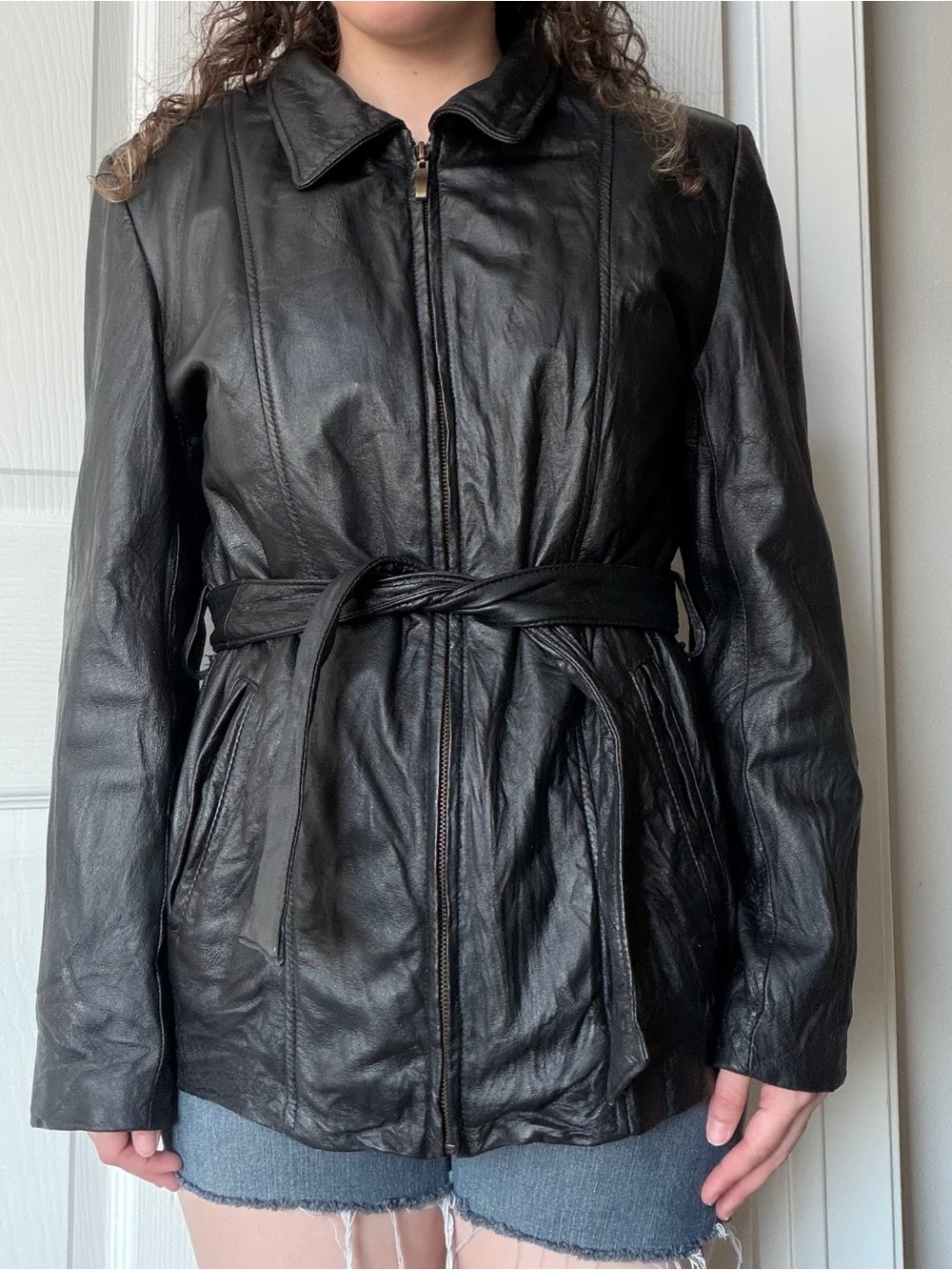 Banana Republic Black Leather Belted Zip Jacket